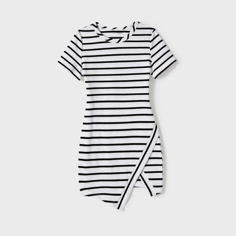 Family Matching Stripe Asymmetrical Dresses and Panel T shirts Sets-Vacay Outfit