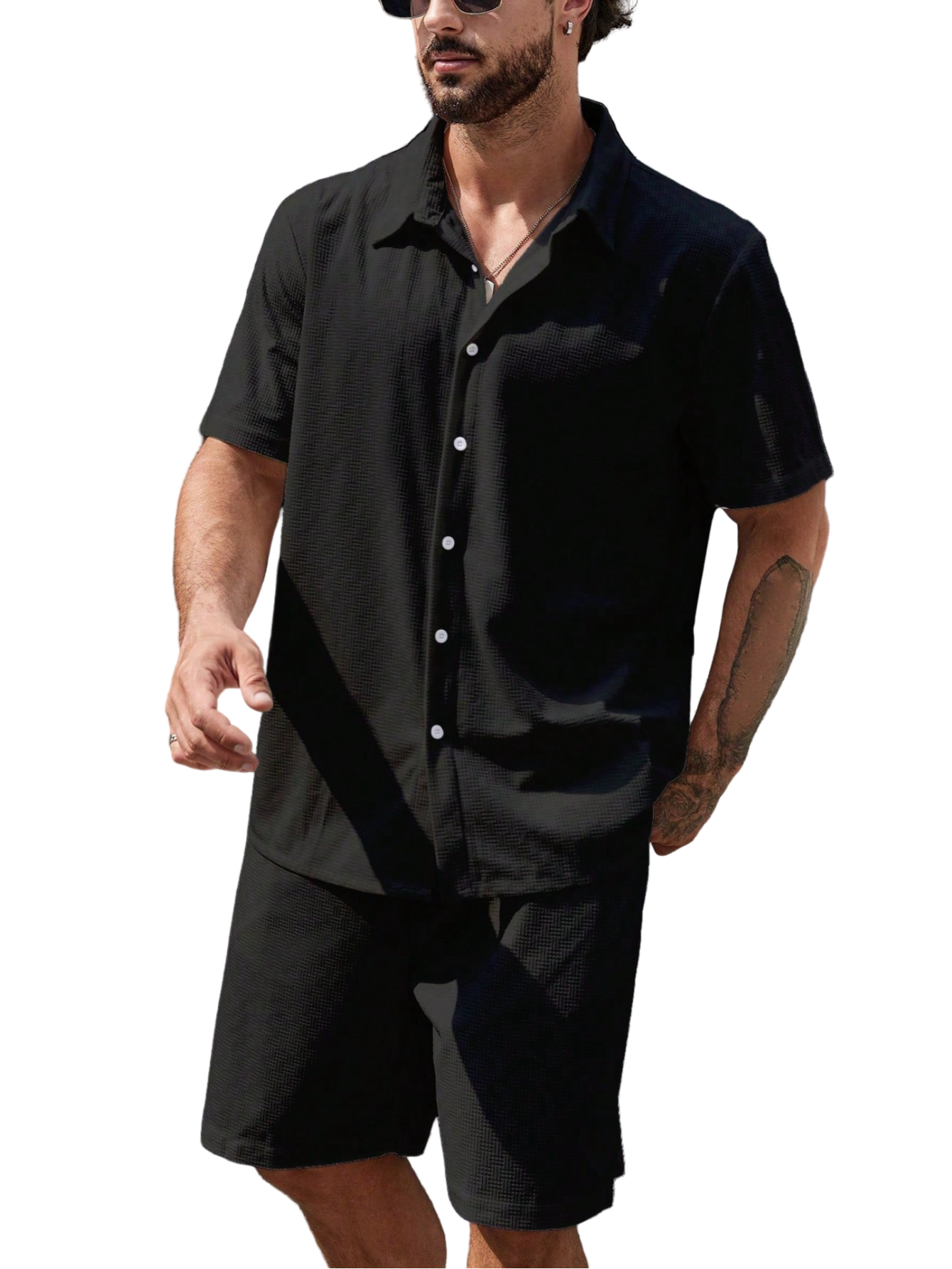 Solid Colored Button Up Shirt And Shorts-Vacay Outfit