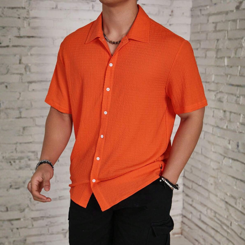 Solid Color Button Up Short Sleeve Casual Shirt For Men