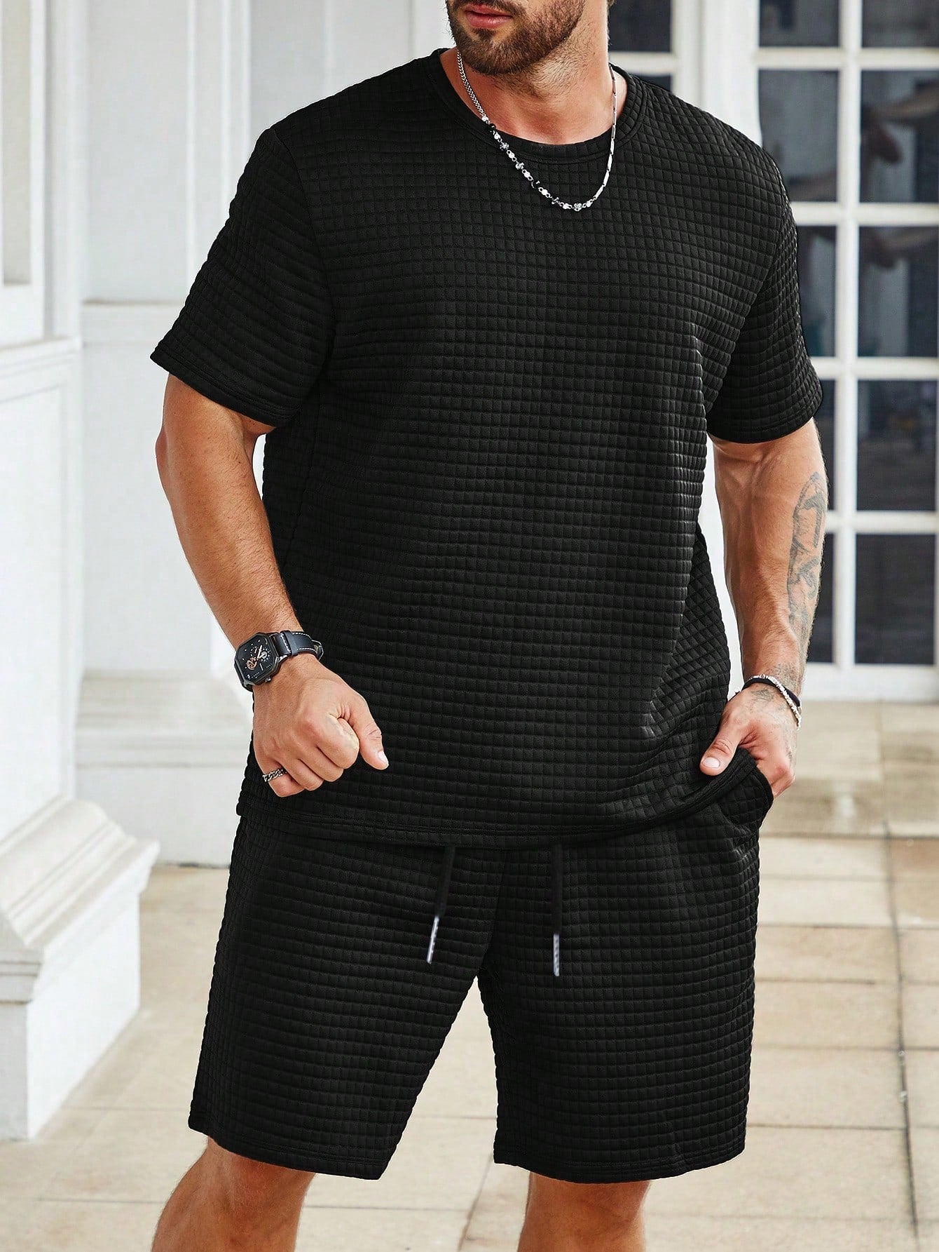 Solid Colored Tee And Drawstring Shorts-Vacay Outfit