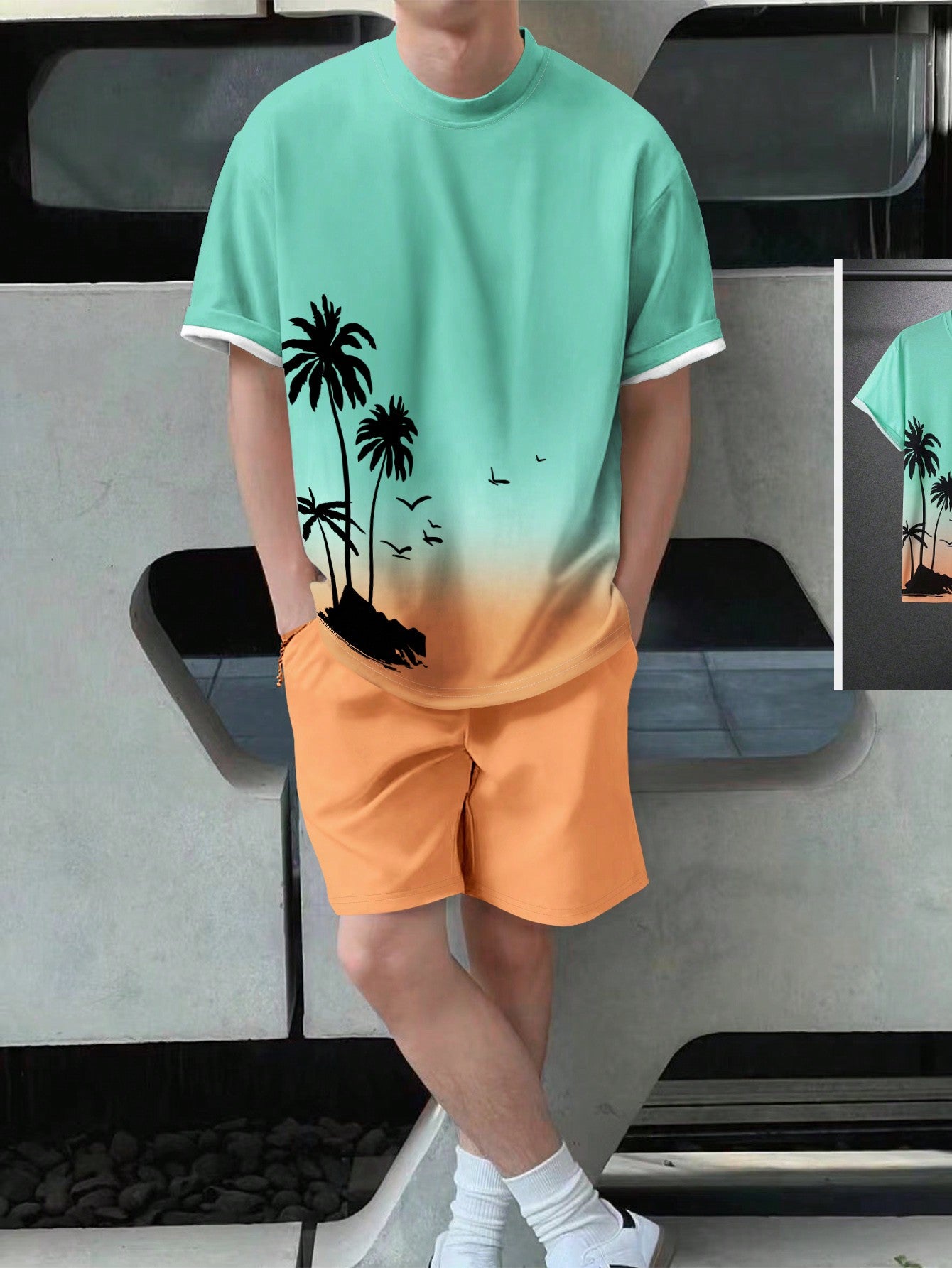 Sunset Palms Tee And Shorts Set-Vacay Outfit