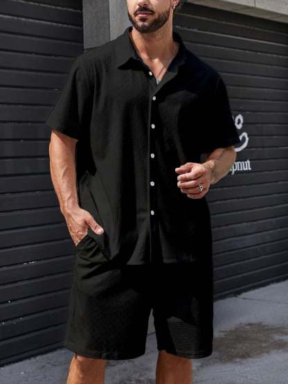 Solid Colored Button Up Shirt And Shorts-Vacay Outfit