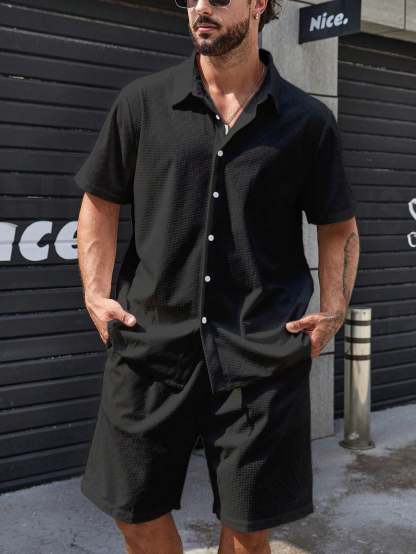 Solid Colored Button Up Shirt And Shorts-Vacay Outfit