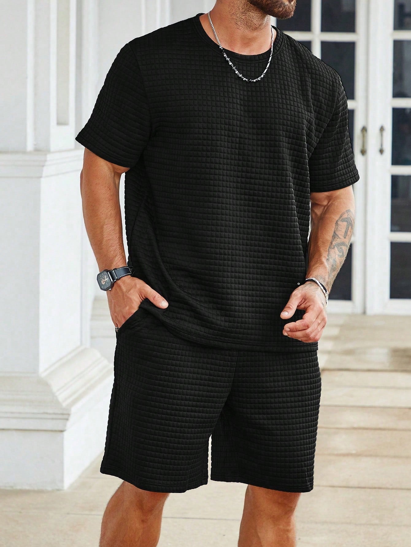 Solid Colored Tee And Drawstring Shorts-Vacay Outfit