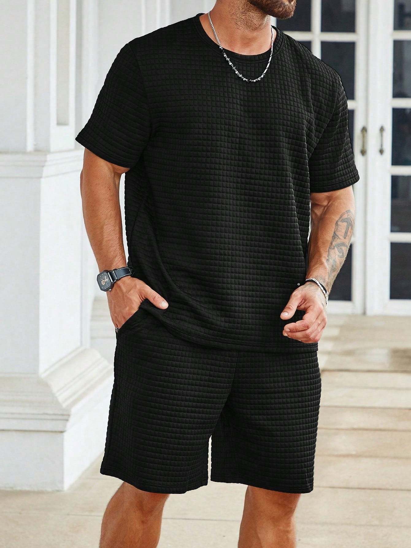 Solid Colored Tee And Drawstring Shorts-Vacay Outfit