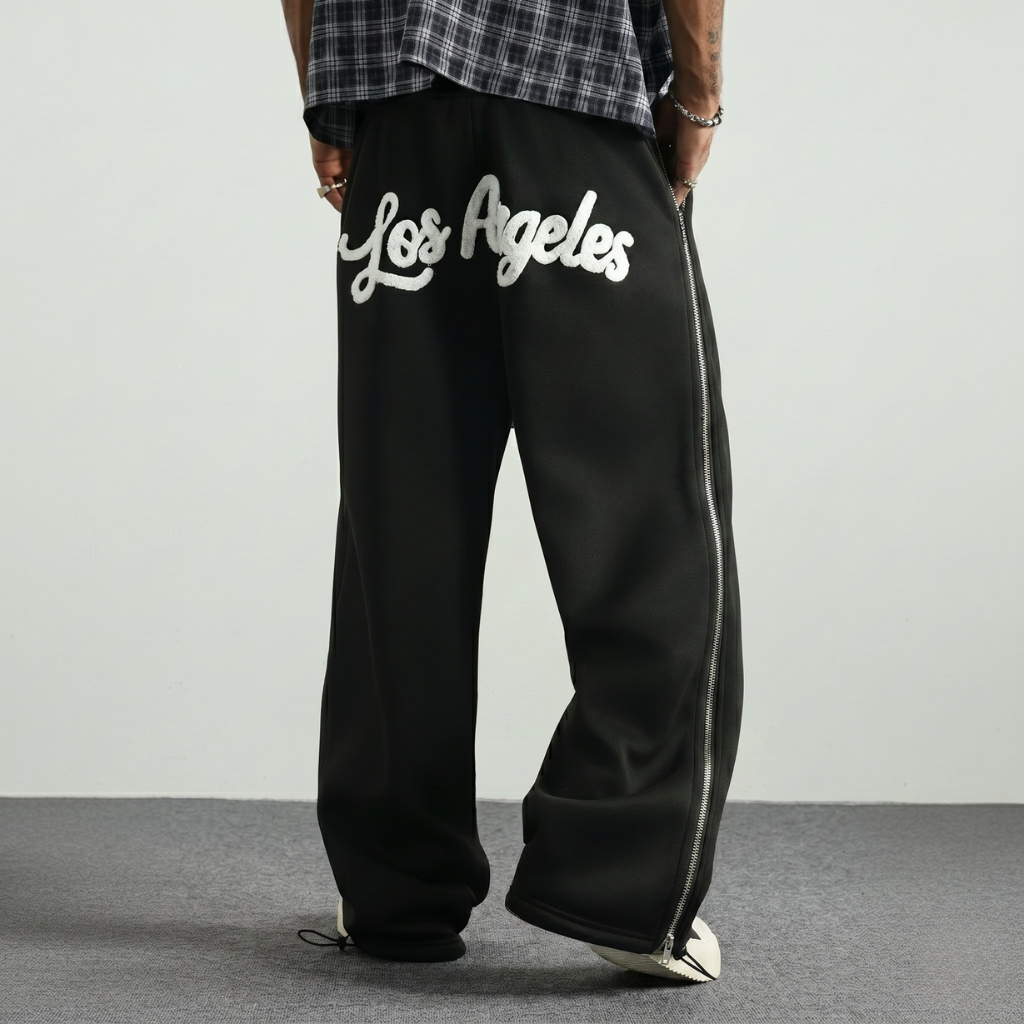 Street Style Wide Pants With Double Zipper And Side Panels