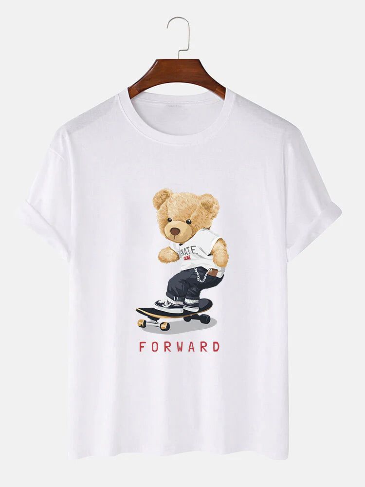 Bear On Skateboard Print T-Shirt-Vacay Outfit