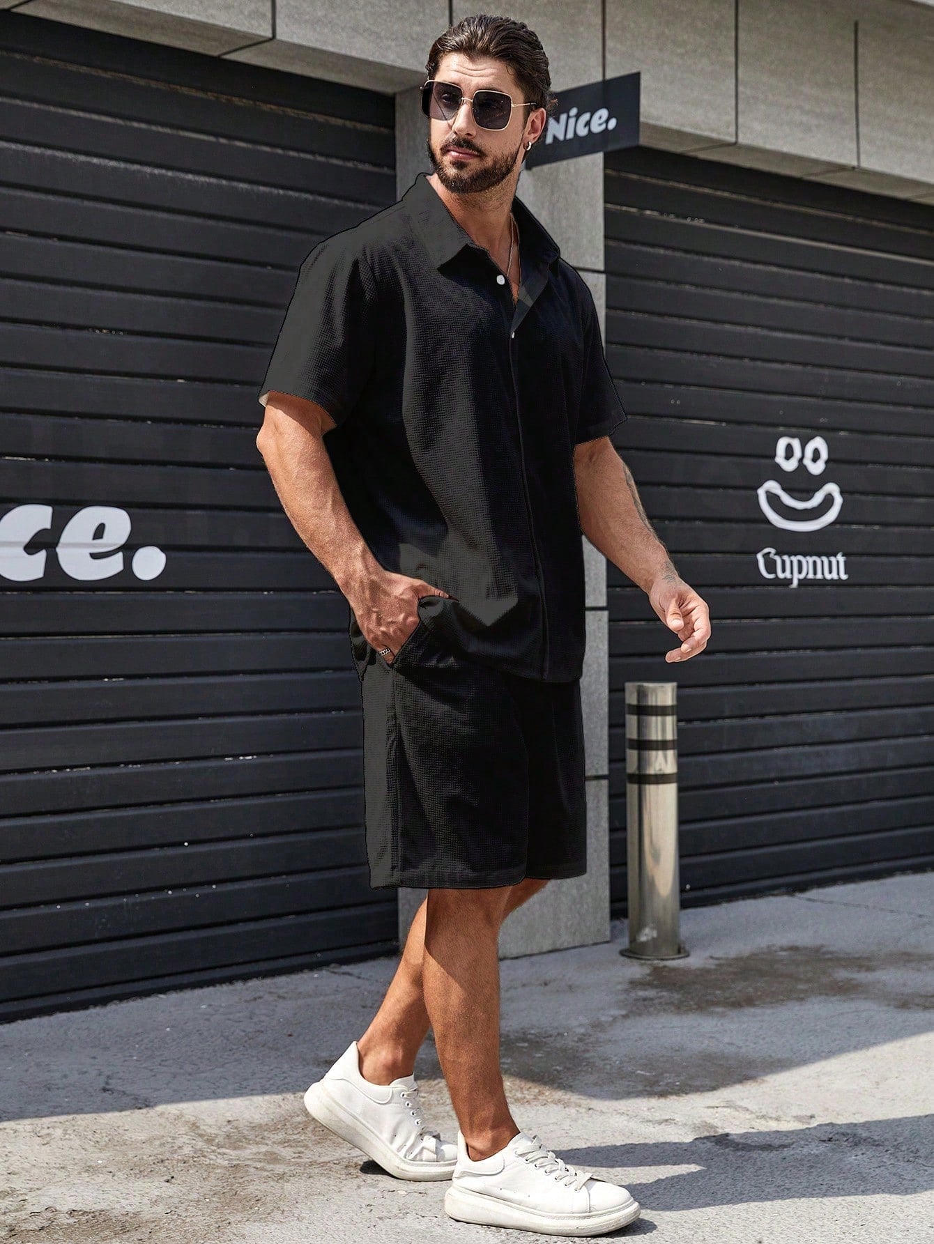 Solid Colored Button Up Shirt And Shorts-Vacay Outfit