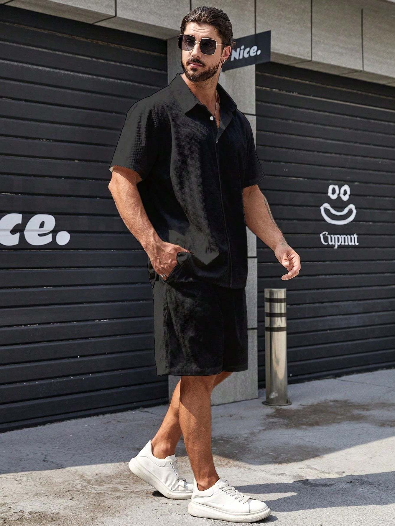 Solid Colored Button Up Shirt And Shorts-Vacay Outfit