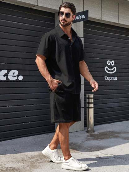 Solid Colored Button Up Shirt And Shorts-Vacay Outfit