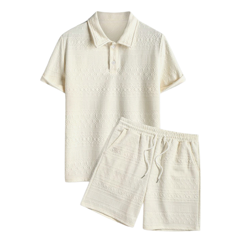 Geometric Retro Jacquard Polo T Shirt And Casual Shorts-Vacay Outfit