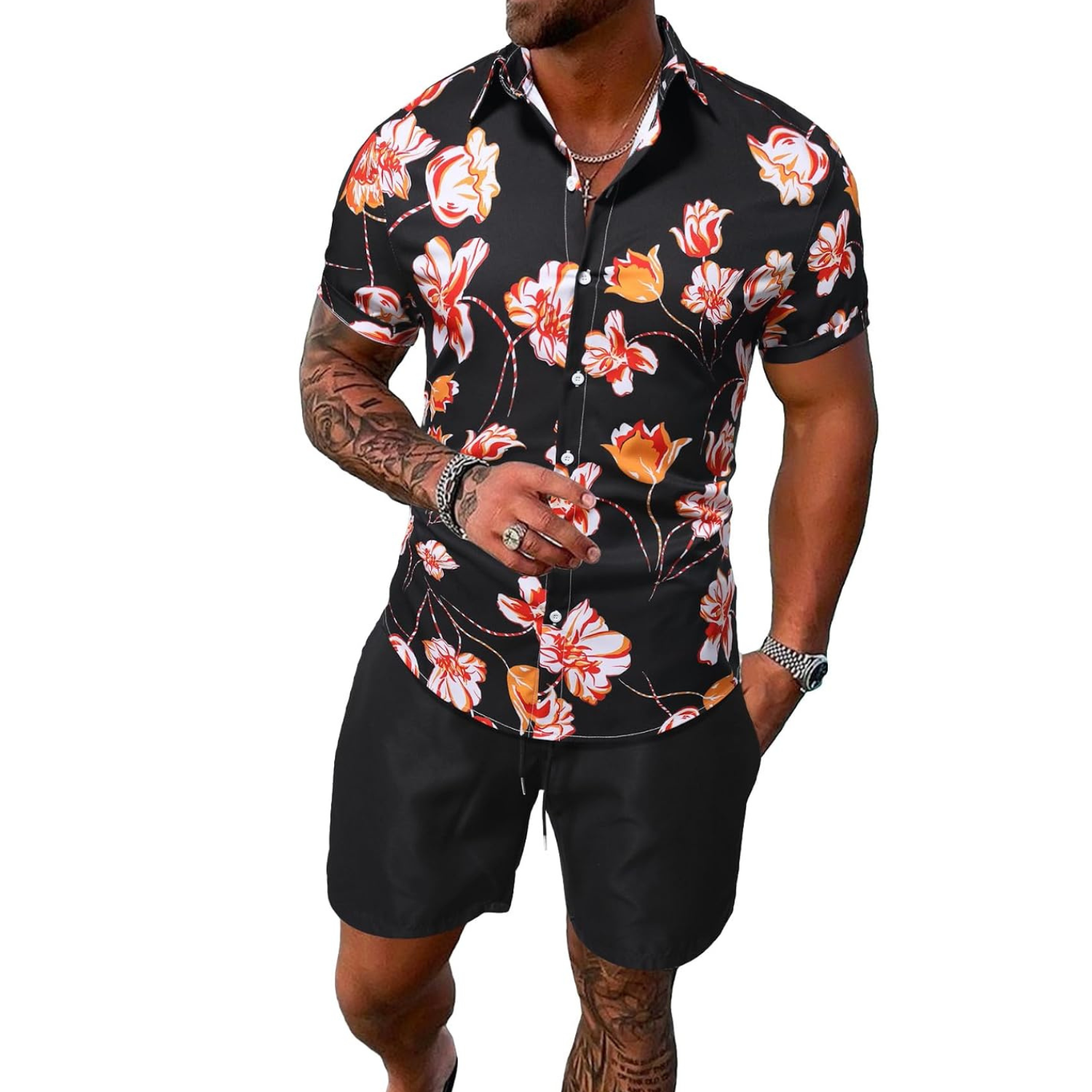 2 Pieces Button Down Shirt and Short Vacation Outfits Set
