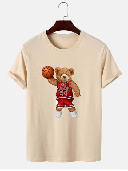 Bear Playing Basketball Print T-Shirt-Vacay Outfit