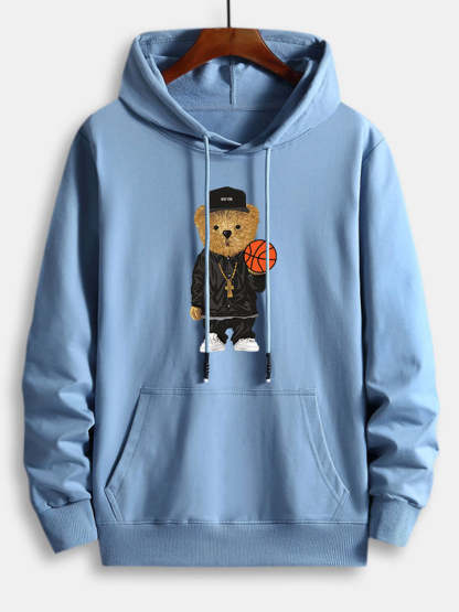Basketball Bear Print Cotton Hoodie-Vacay Outfit