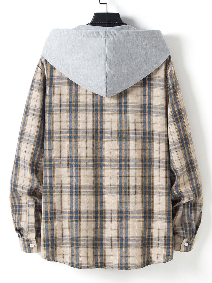 Button Up Contrast Hooded Plaid Shirt-Vacay Outfit