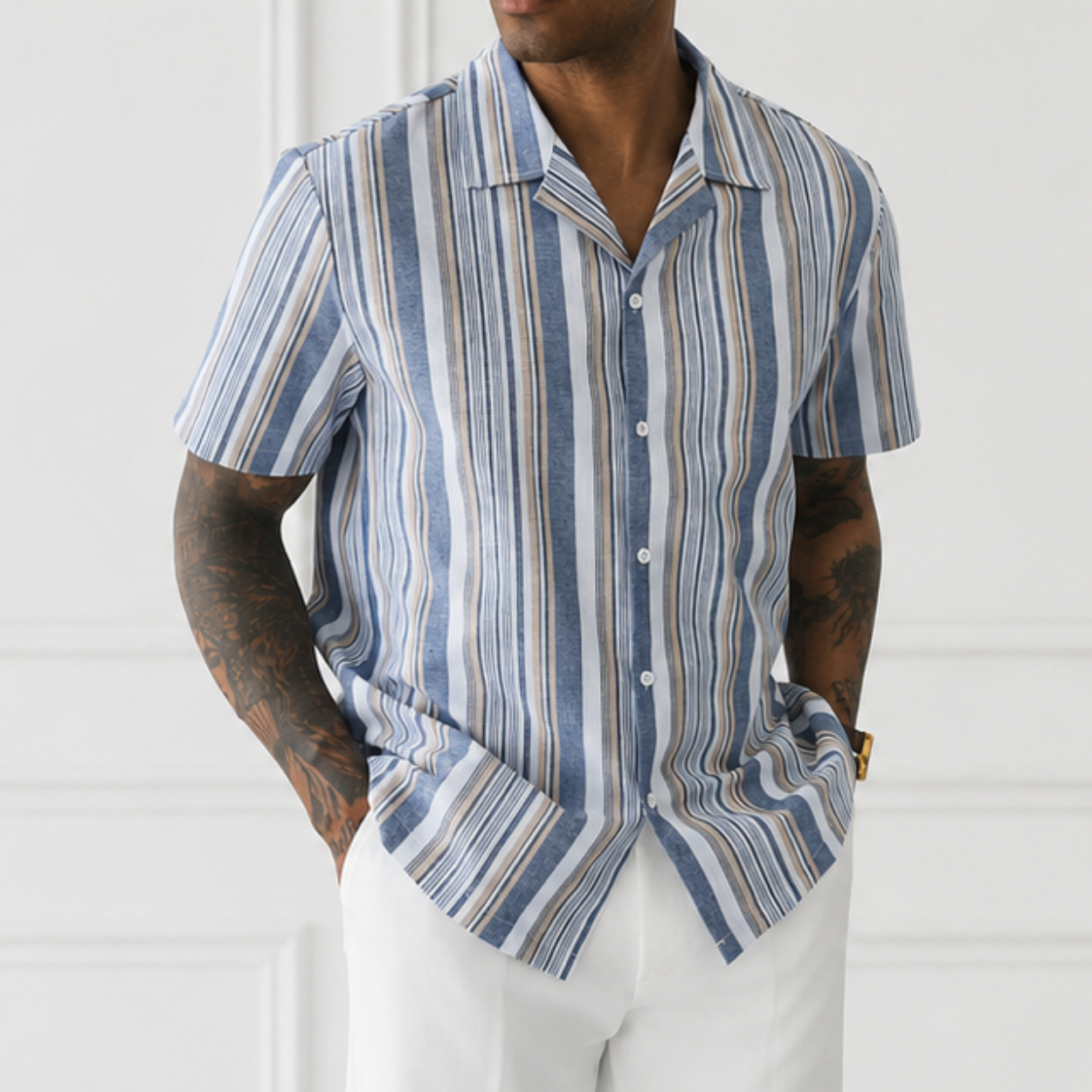 Striped Pattern Short Sleeve Button Up Shirt For Men