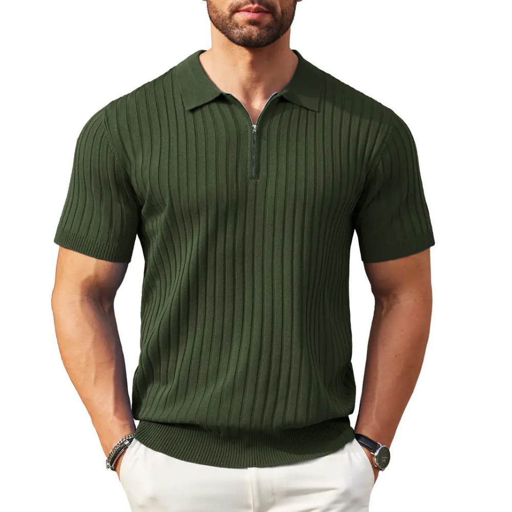 Zipper Ribbed Knit Short Sleeve Polo Shirt For Men