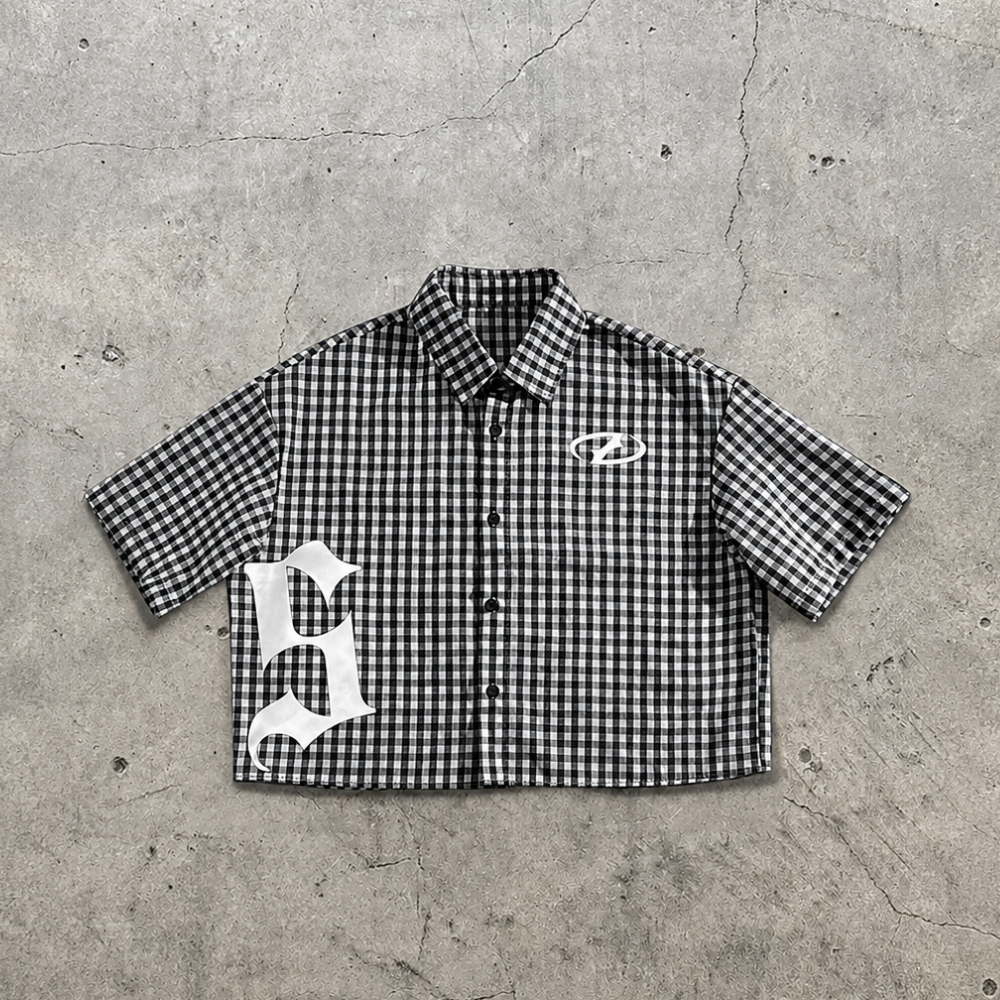 Plaid Graffiti Print Short Sleeve Button Up Streetwear Shirt for Men