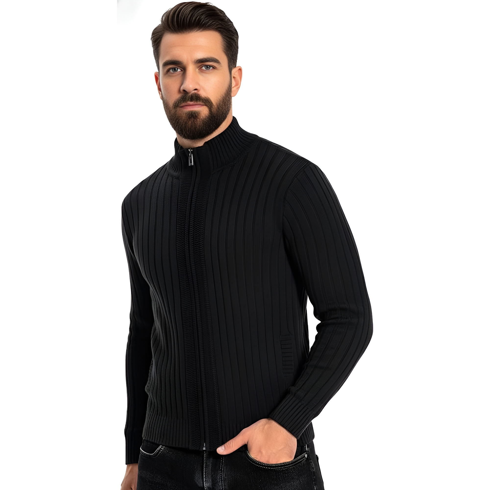 Men's Cardigan Sweaters Full Zip Up Stand Collar Slim Fit Casual Knitted Sweater with 2 Front Pockets