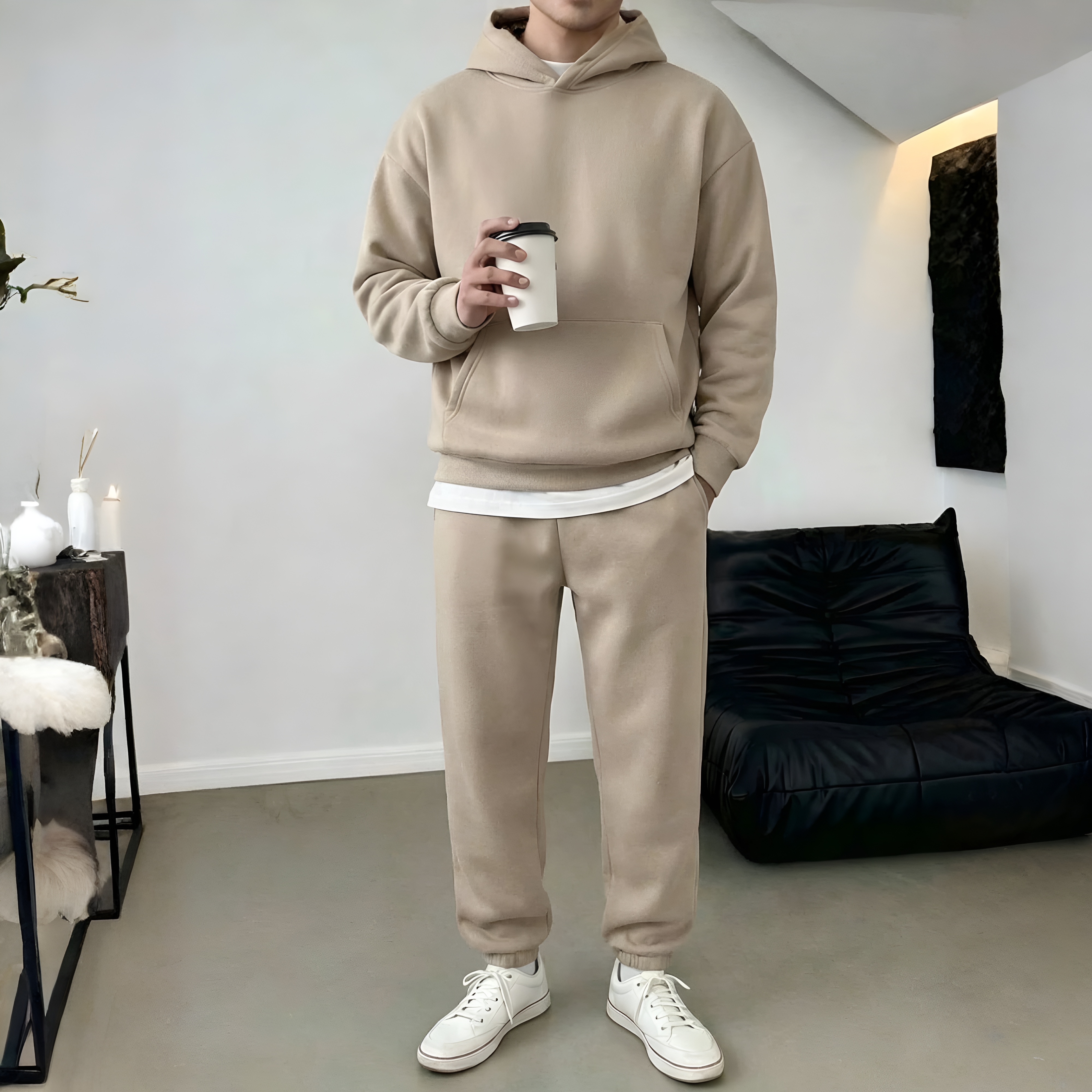 Unisex Kangaroo Pocket Hoodie And Sweatpants Set For Couples
