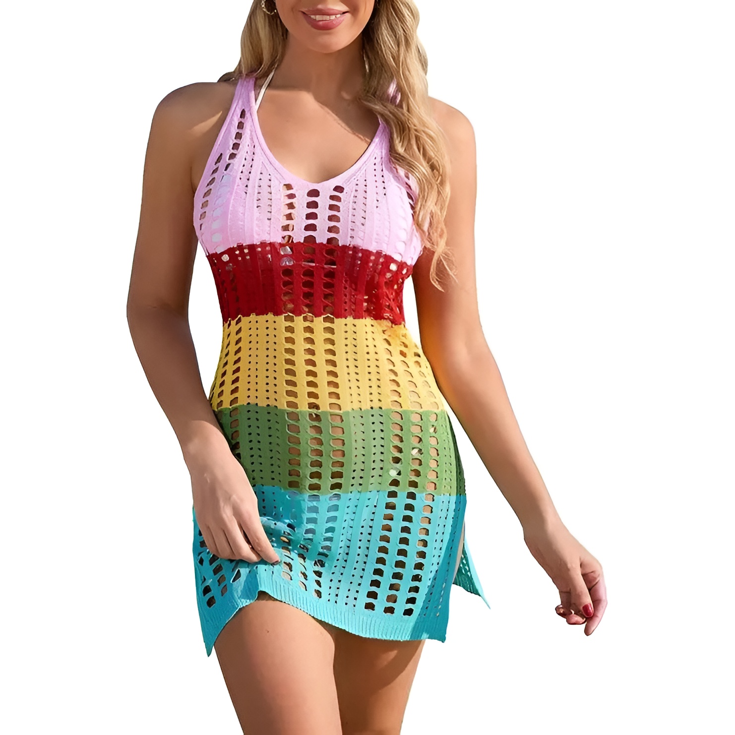 Crochet Knit Beach Cover Up Dress With Side Slit For Women