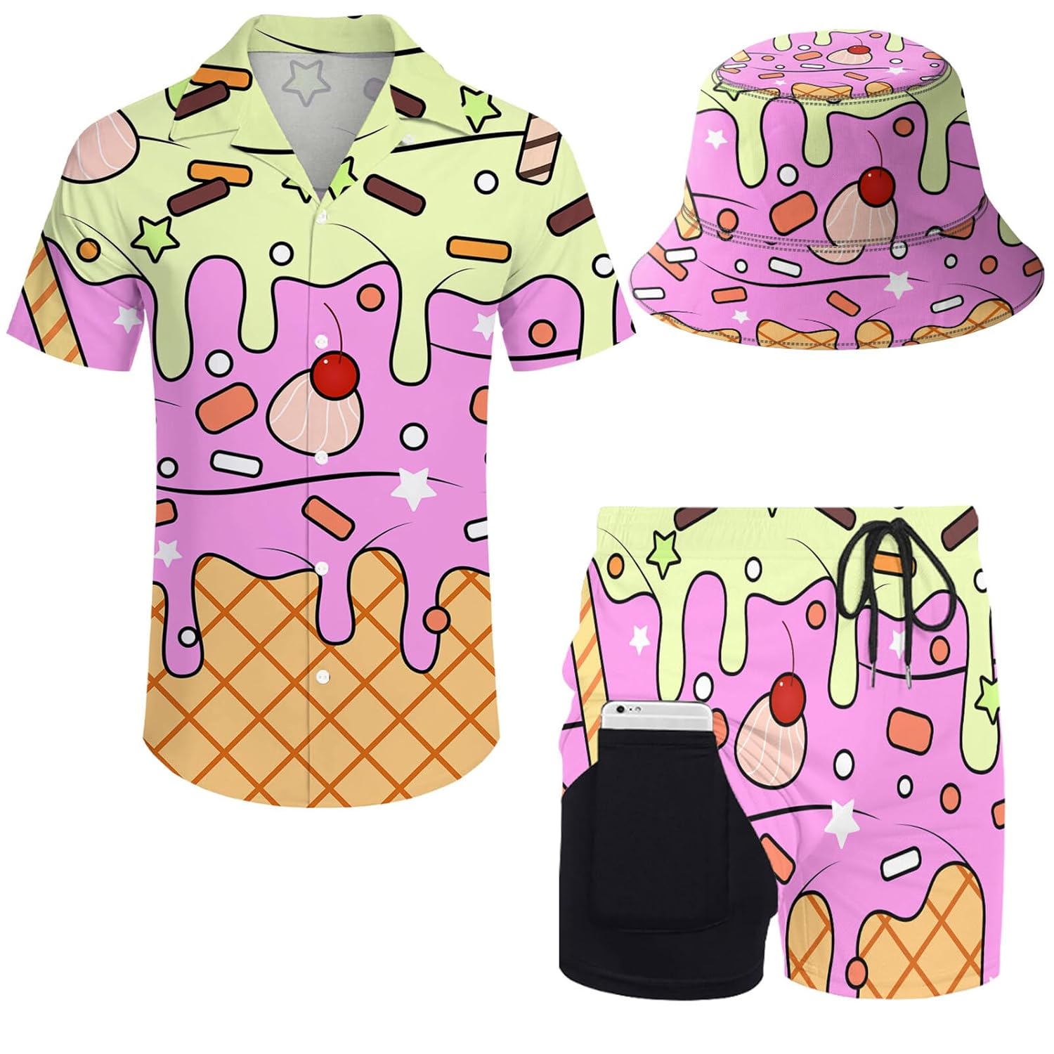 2 Pieces Button Down Shirt and Compression Liner Short Sets with Bucket Hats For Men