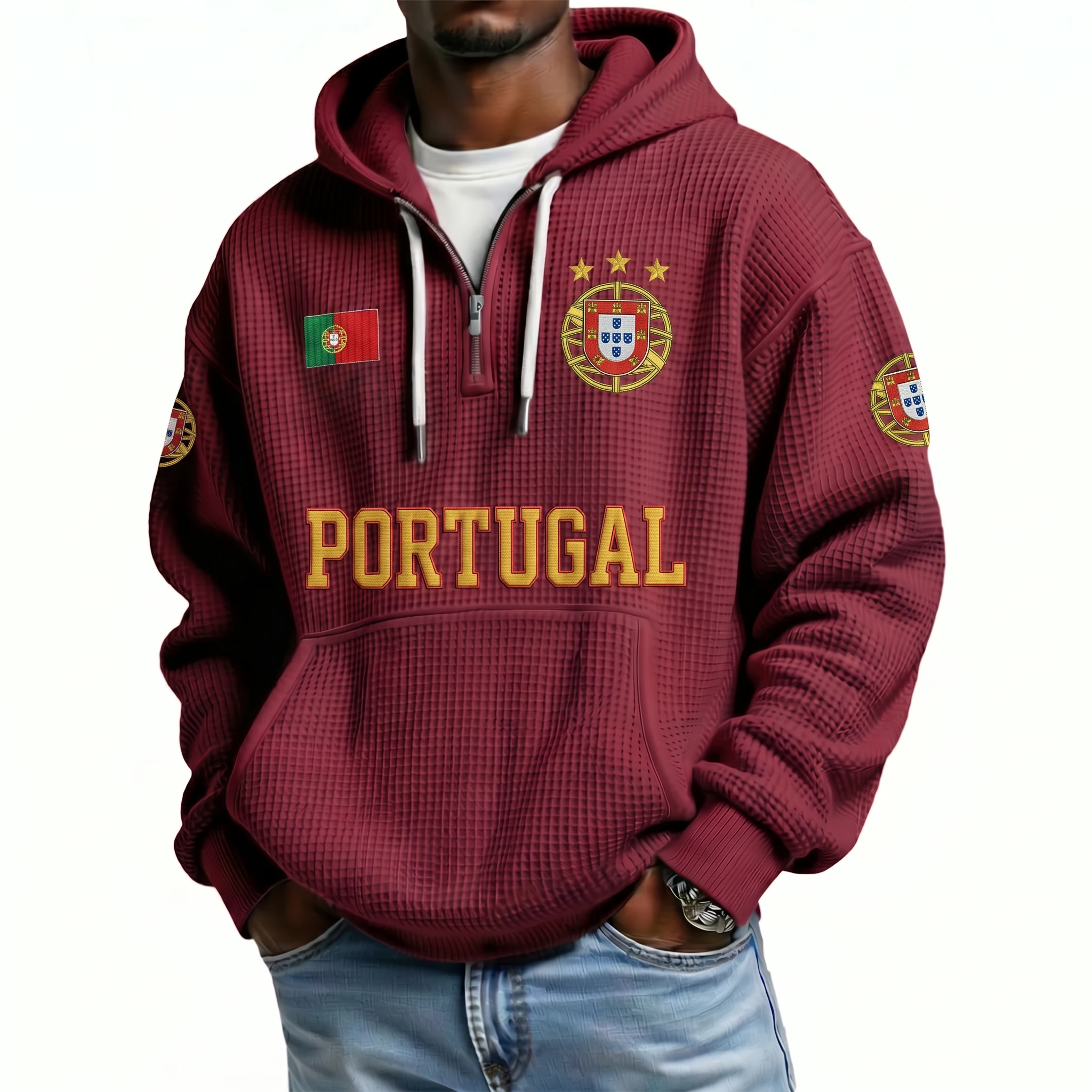 Portugal Printed Waffle Quarter Zip Football Fan Hoodie