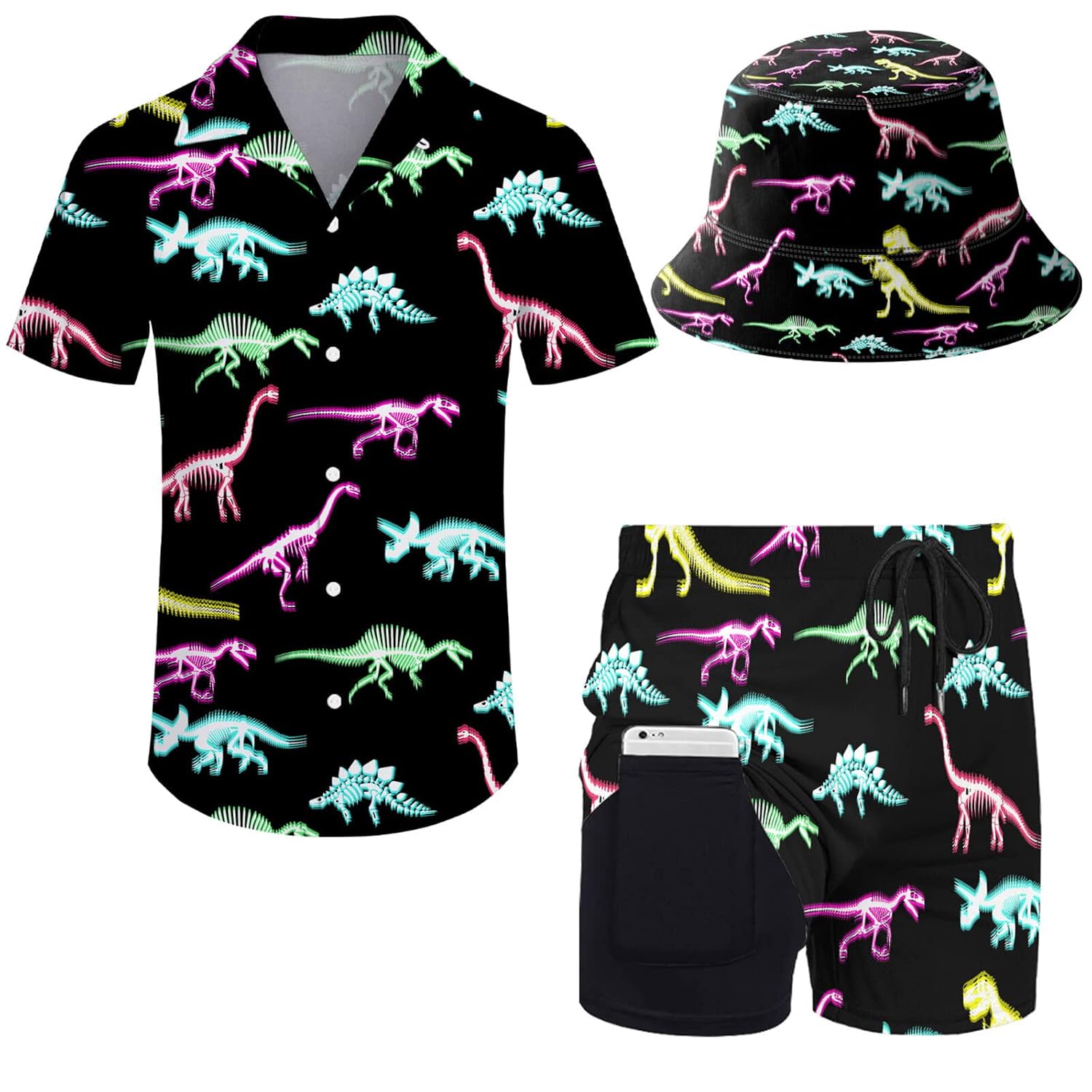 2 Pieces Button Down Shirt and Compression Liner Short Sets with Bucket Hats For Men
