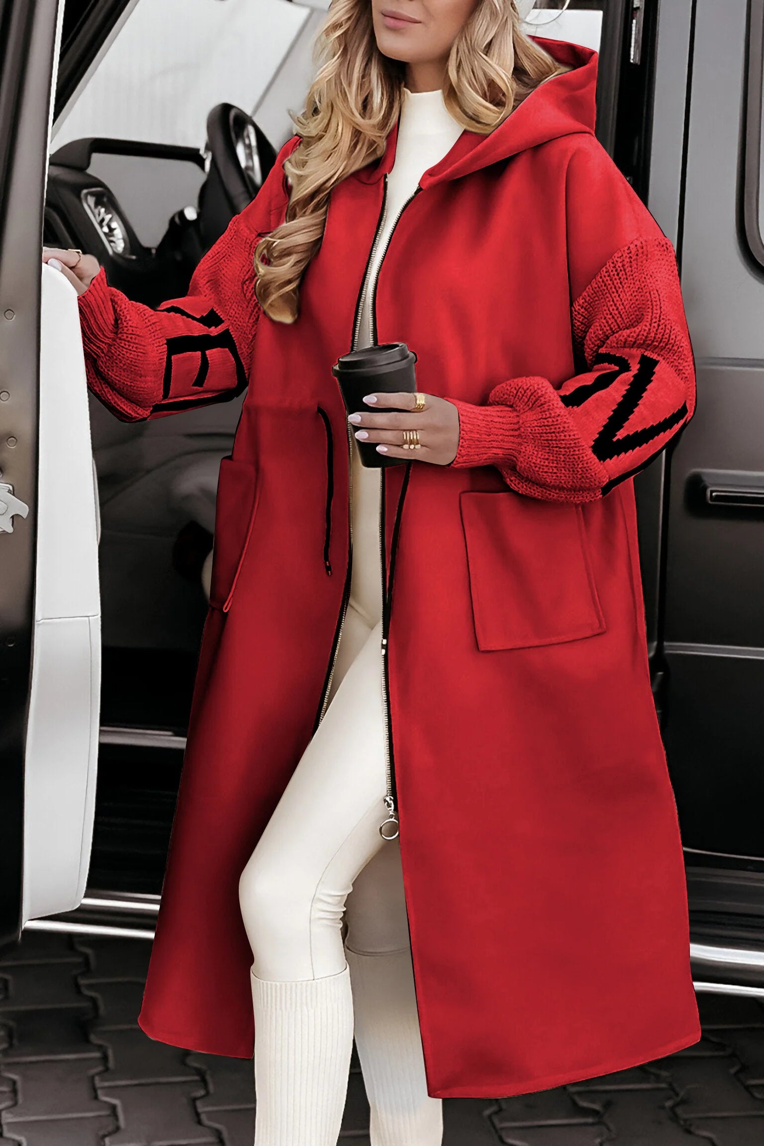Hooded Jacket With Knitted Sleeve Patchwork
