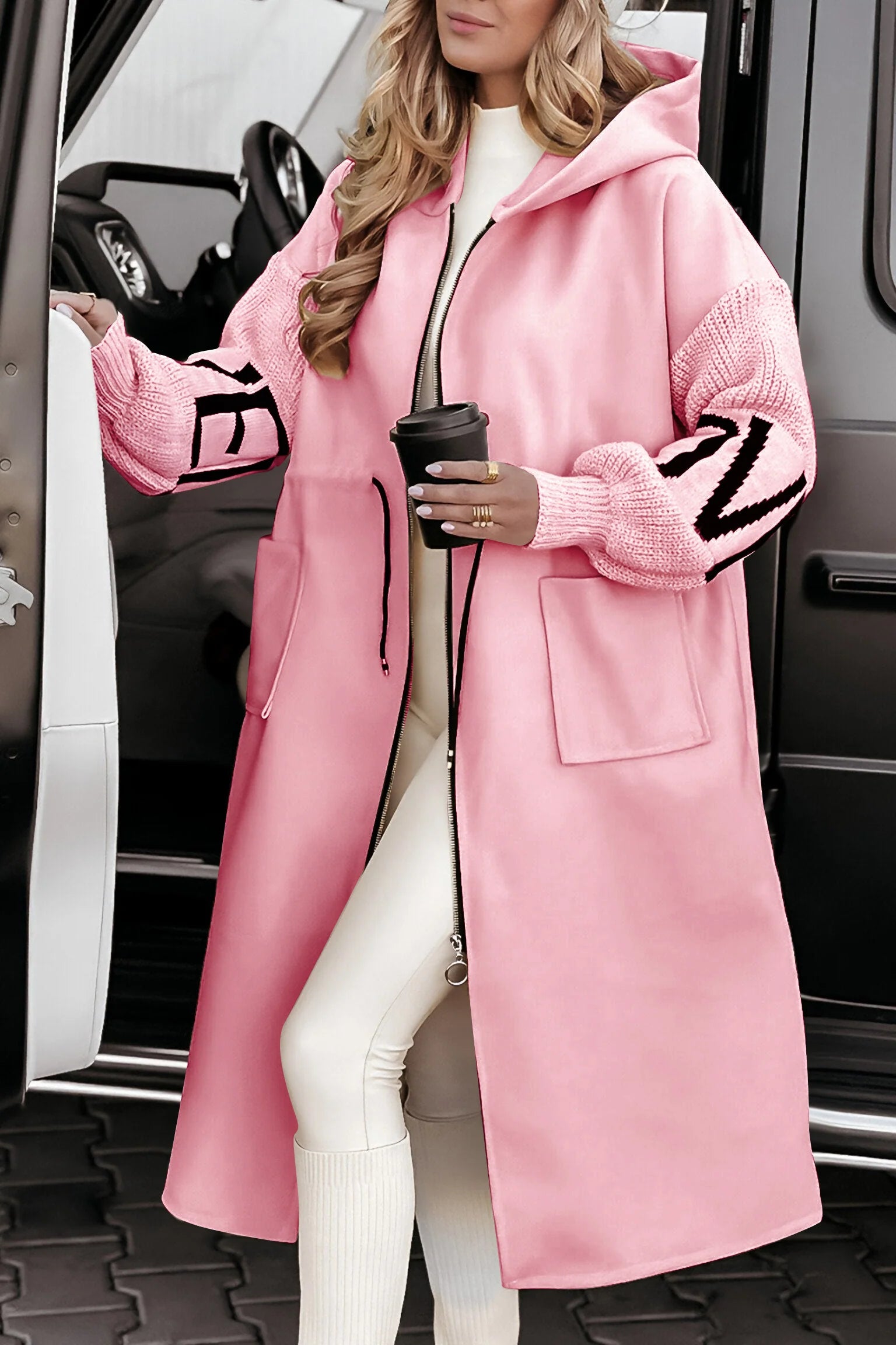 Hooded Jacket With Knitted Sleeve Patchwork