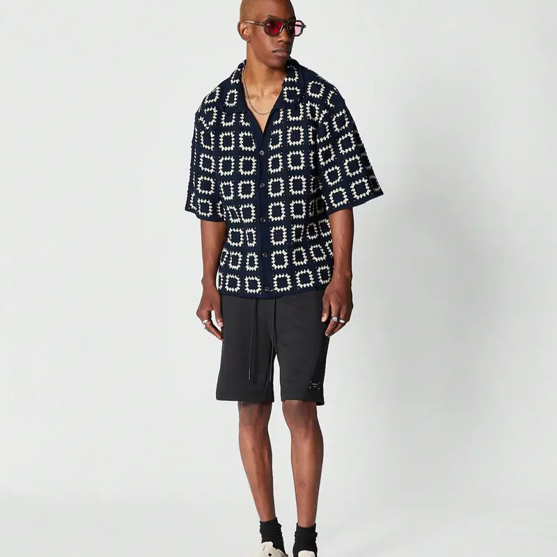  Men's Dark Green Colorblock Knit Short-Sleeve T-Shirt with All Over Print Loose Fit Casual Vacation Wear Tops Button Up