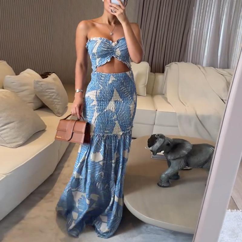 Women's Tropical Print Drawstring Ruched Shirred Frill Trim Bandeau Vacation Dress