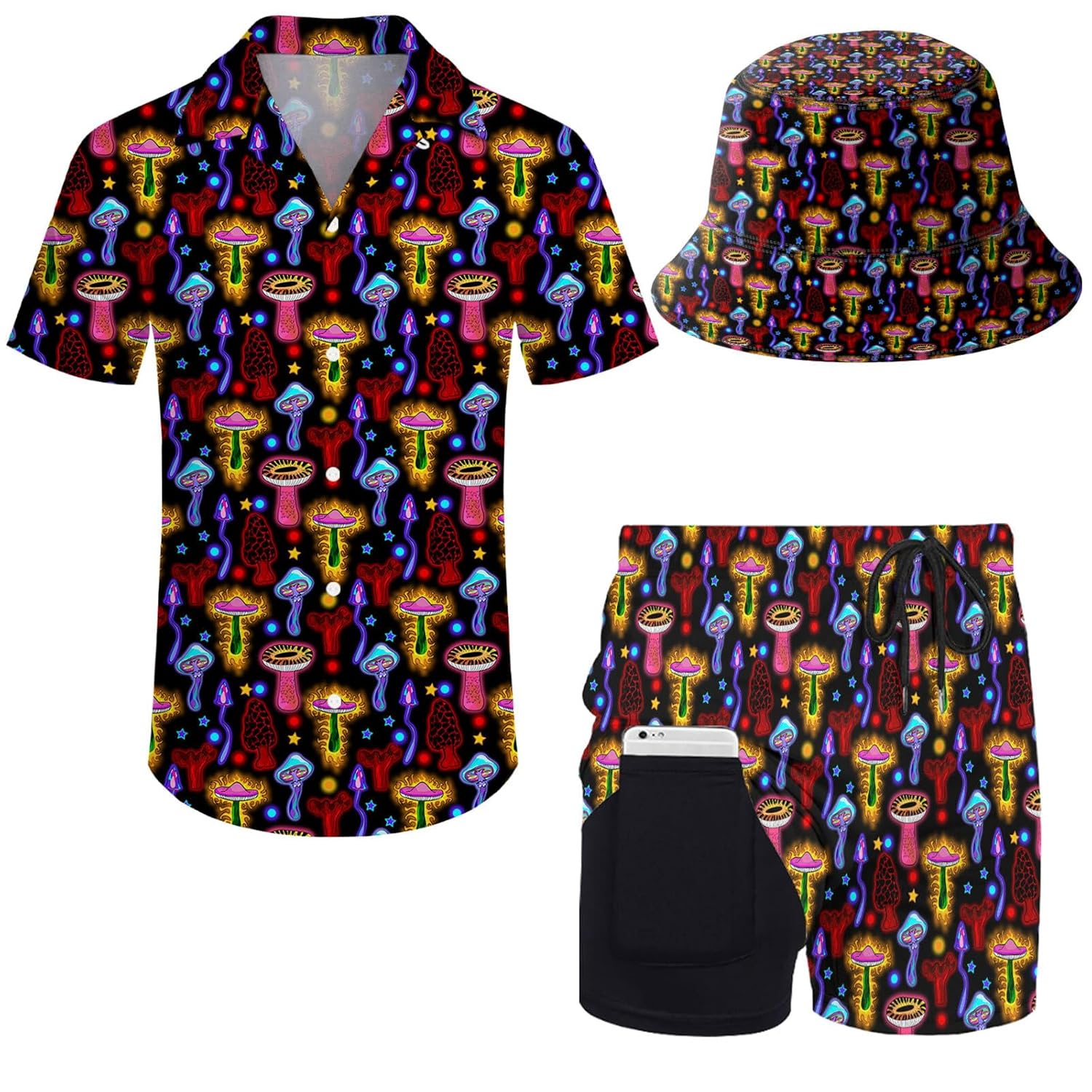2 Pieces Button Down Shirt and Compression Liner Short Sets with Bucket Hats For Men