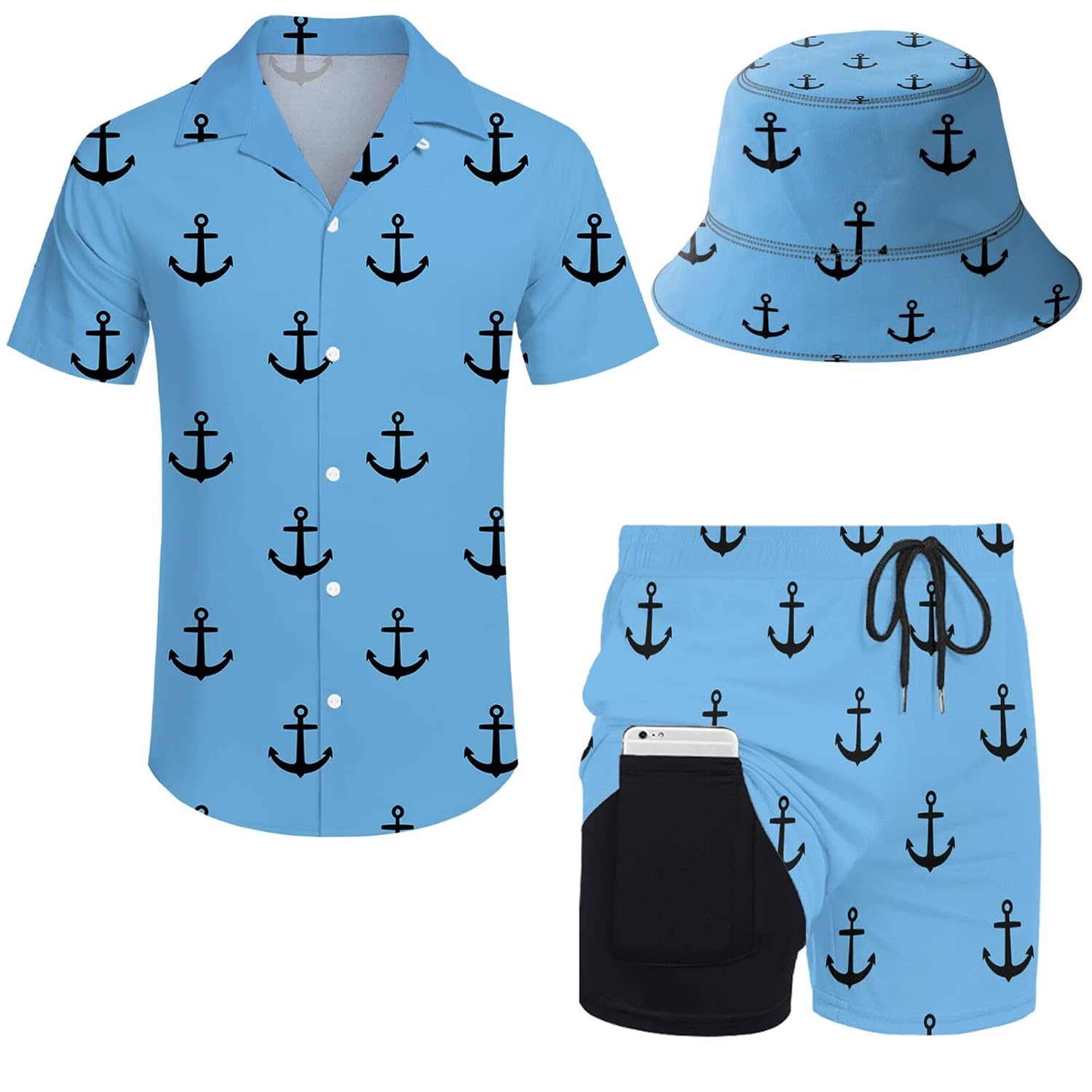 2 Pieces Button Down Shirt and Compression Liner Short Sets with Bucket Hats For Men