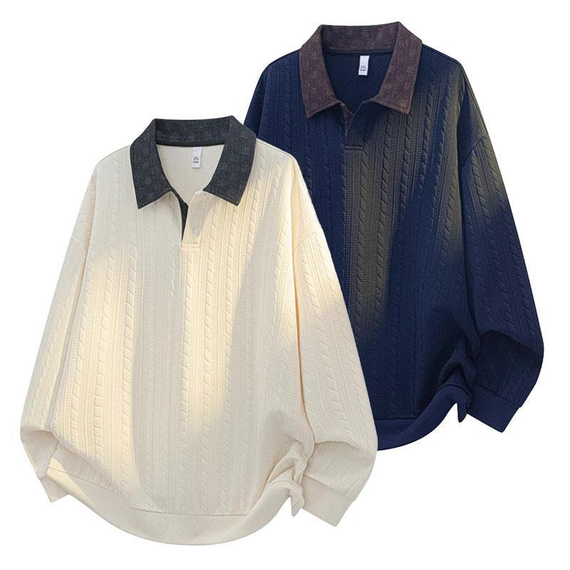 Pack of 2 Cable Knit Long Sleeve Polo Pullover T Shirt with Contrast Collar for Men