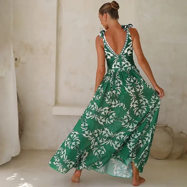 Women's v-neck Green Print One Piece Swimsuit and Matching Cover Skirt Set