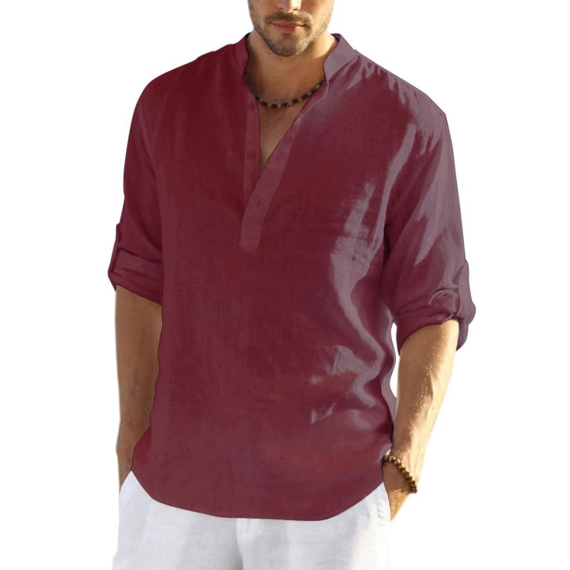 Casual Stand Collar Long Roll Up Sleeve Button Down Shirt For Men