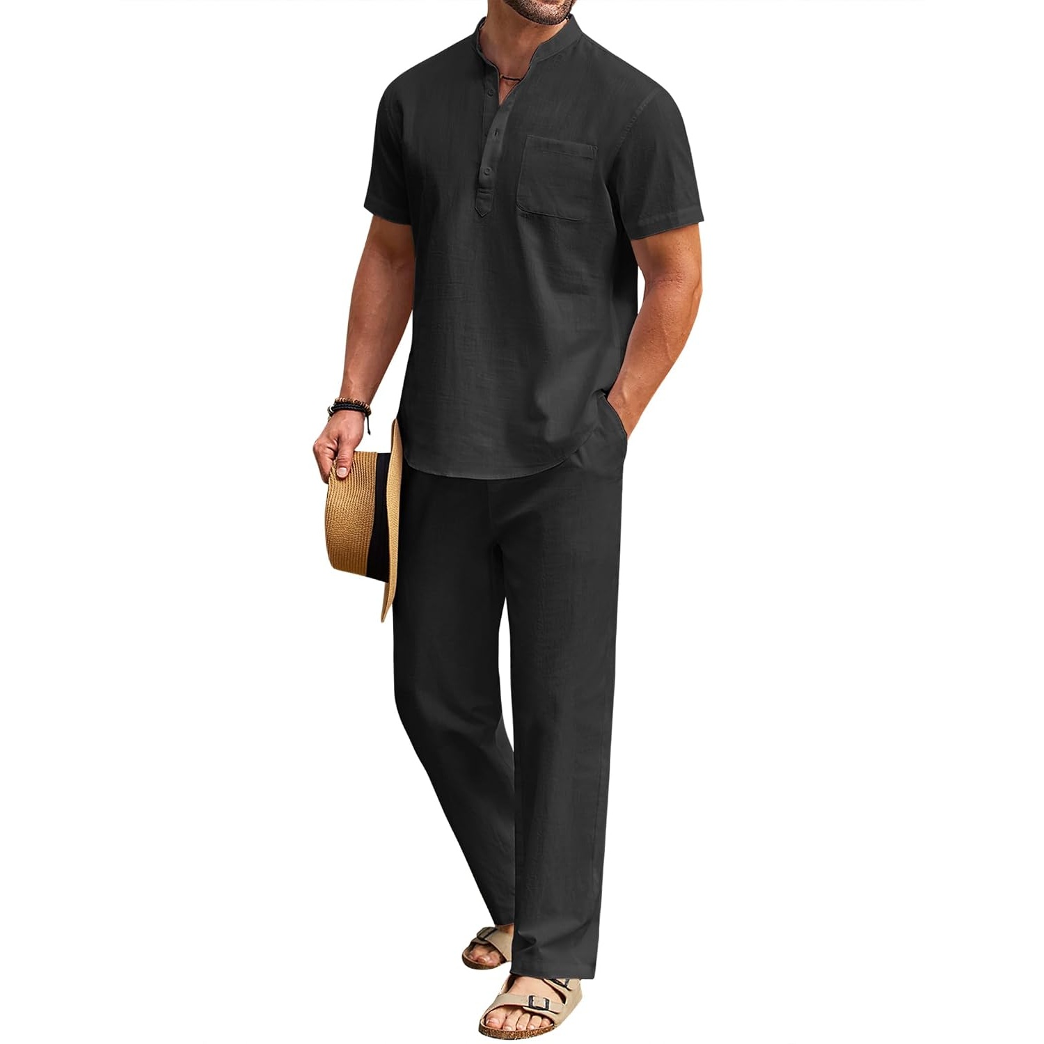 Casual Short Sleeve Cotton Linen Shirt And Pant Set For Men