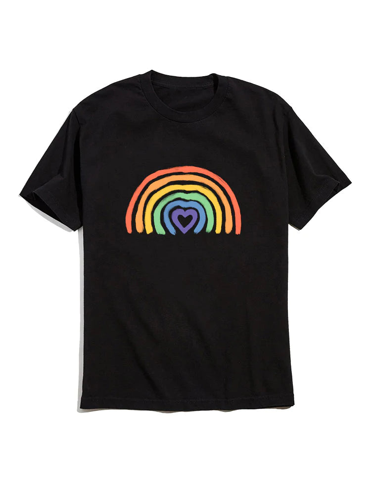Rainbow Graphic Crew Neck T-Shirt-Vacay Outfit