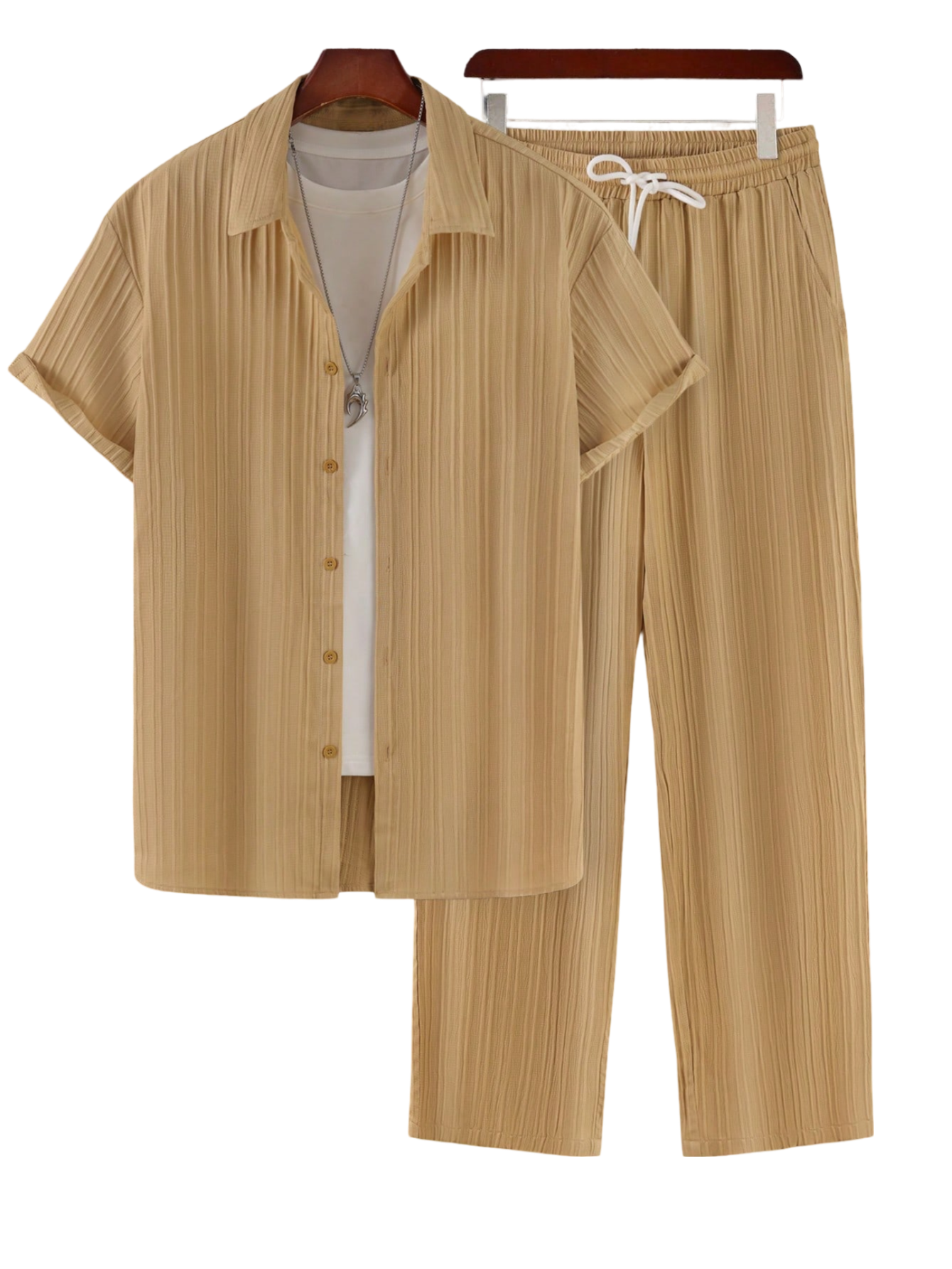 Solid Colored Button Up Shirt And Pants Without Tee-Vacay Outfit