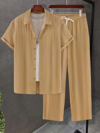 Solid Colored Button Up Shirt And Pants Without Tee-Vacay Outfit