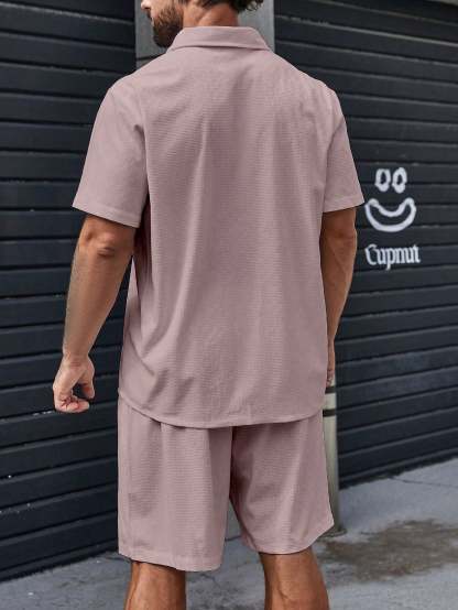 Solid Colored Button Up Shirt And Shorts-Vacay Outfit