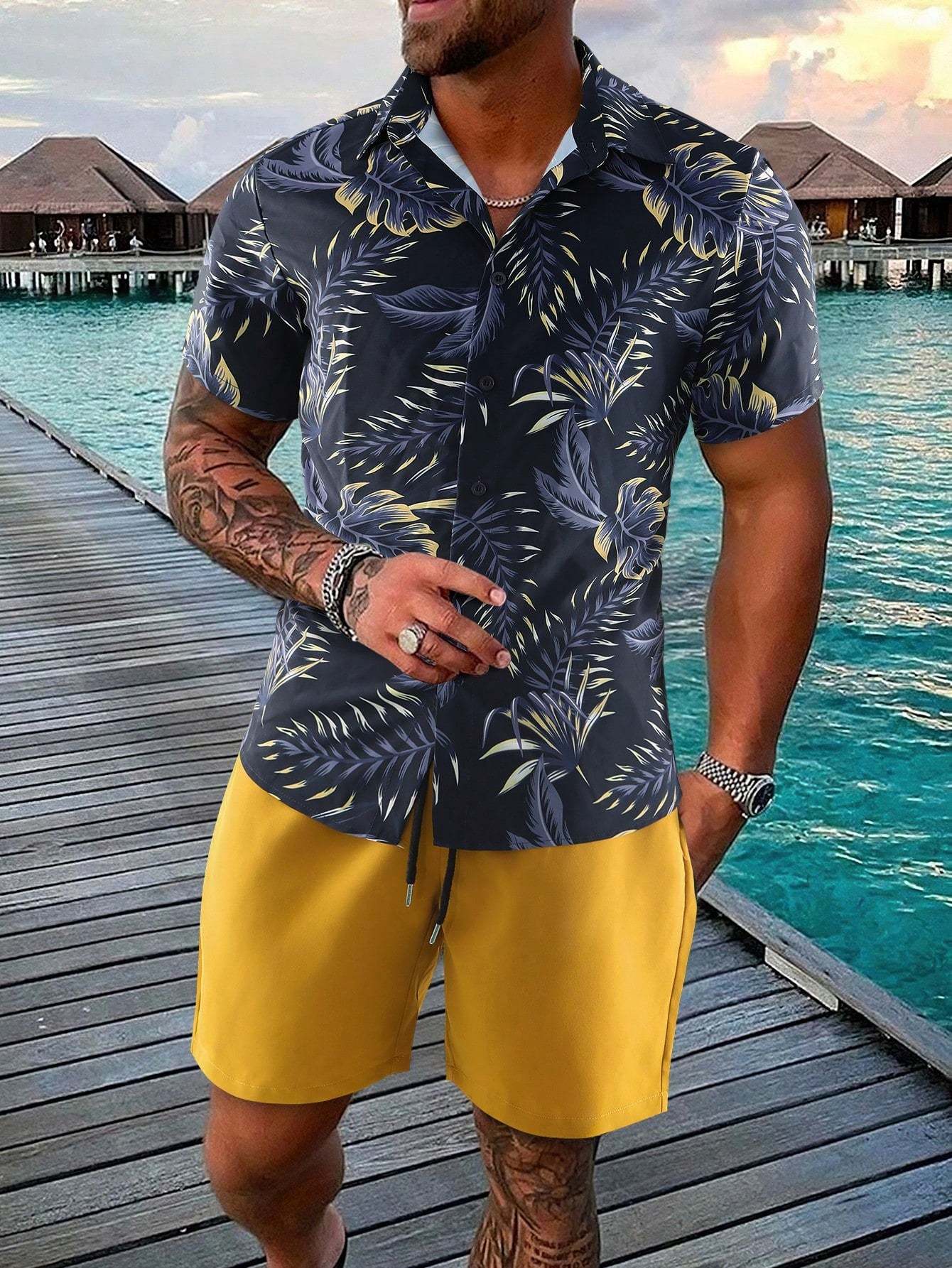 Tropical Print Shirt And Drawstring Shorts-Vacay Outfit