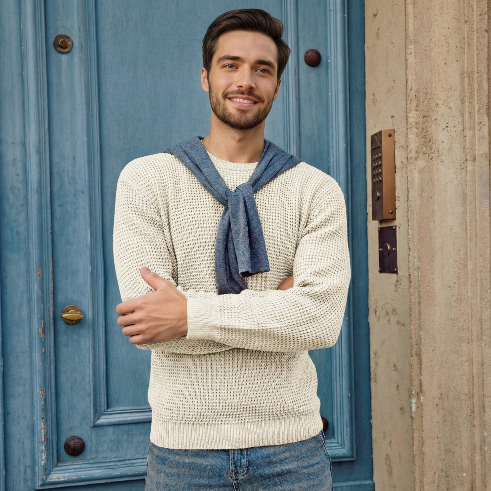 Waffle Textured Long Sleeve Knit Pullover