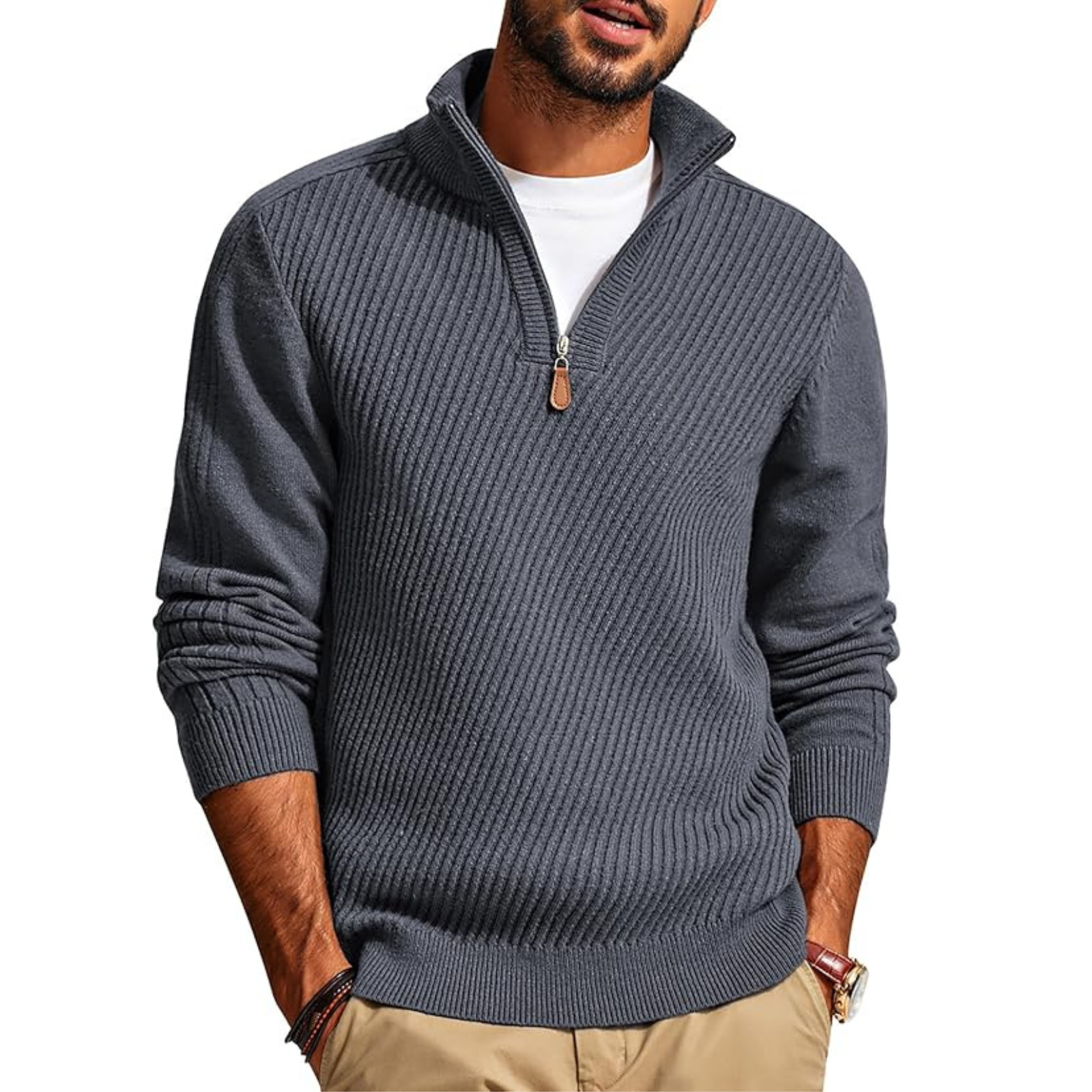 Textured Knit Quarter Zip Pullover Sweater For Men