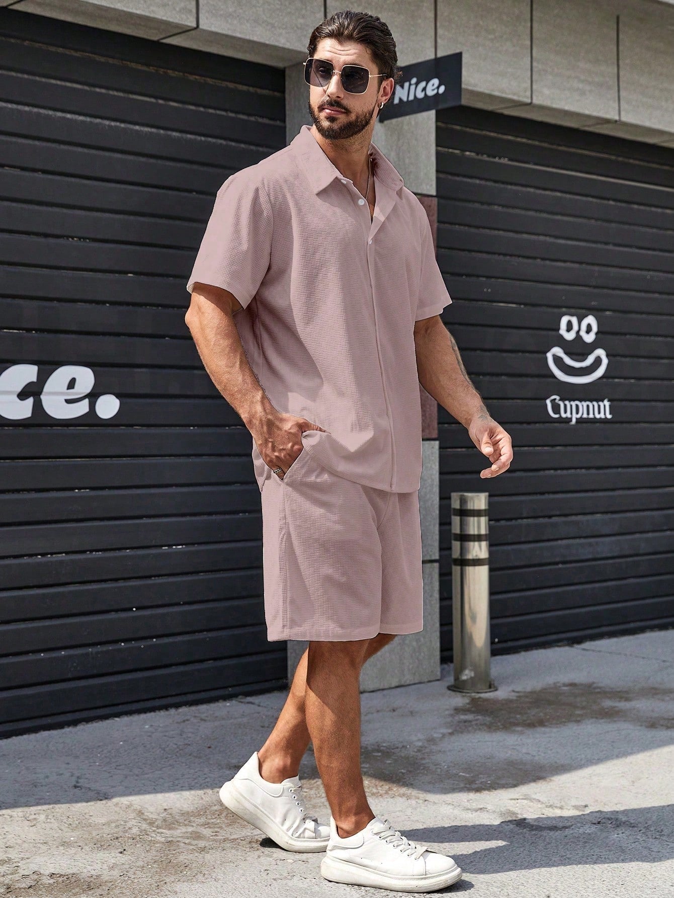 Solid Colored Button Up Shirt And Shorts-Vacay Outfit