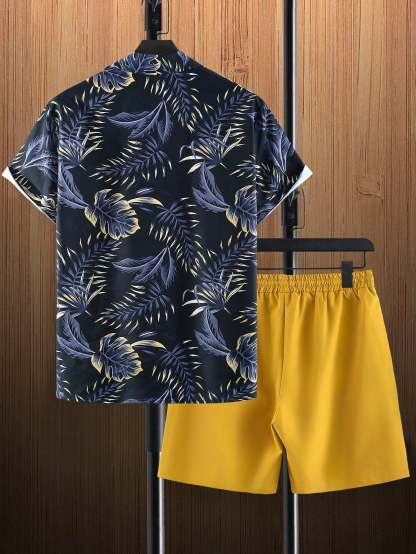 Tropical Print Shirt And Drawstring Shorts-Vacay Outfit