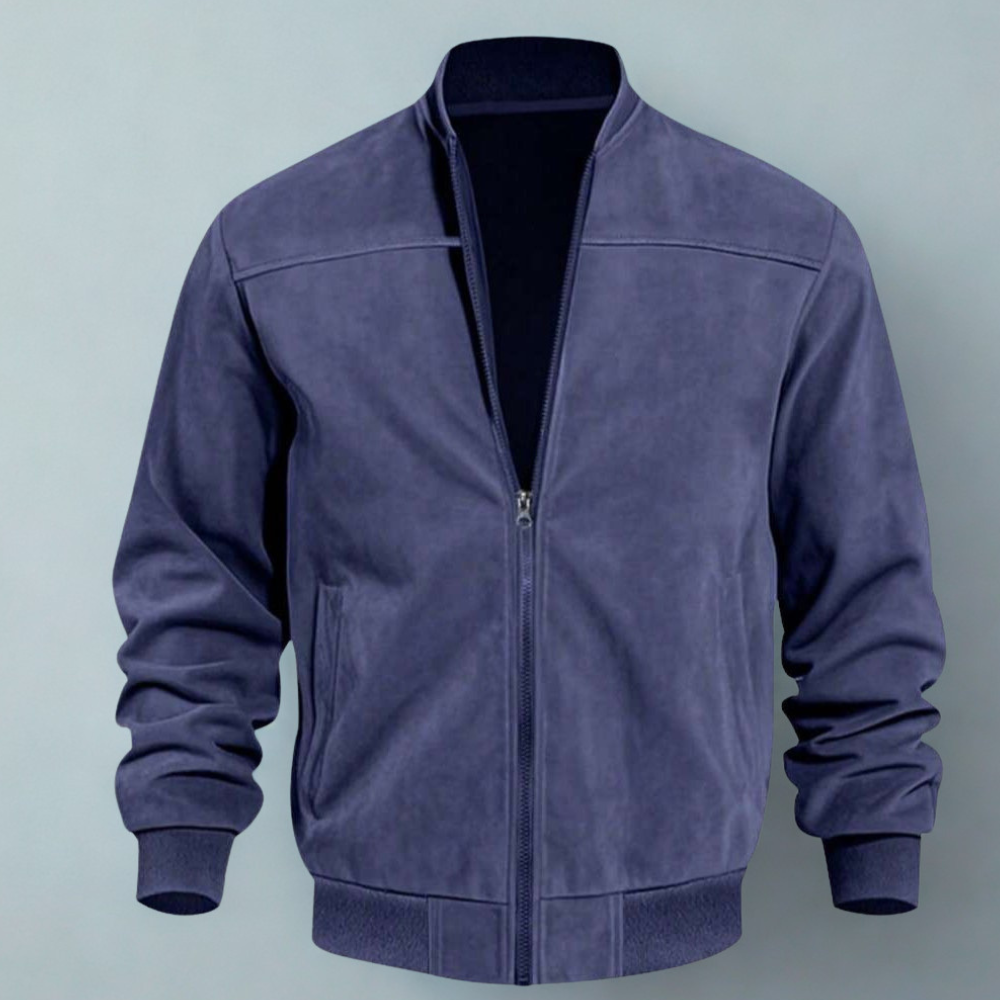 Suede Bomber Jacket With Full Zip Stand Collar For Men