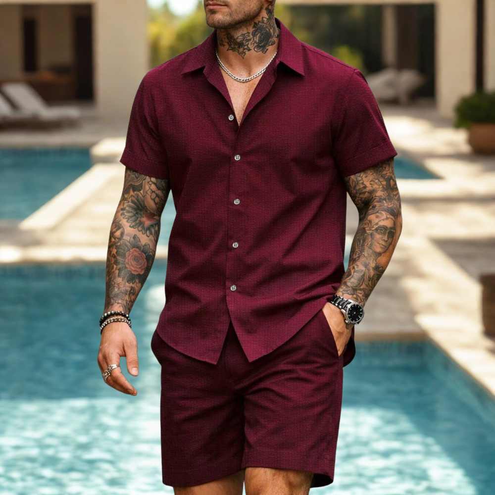 Casual Vacation Themed Short Sleeve Shirt And Shorts Set For Men