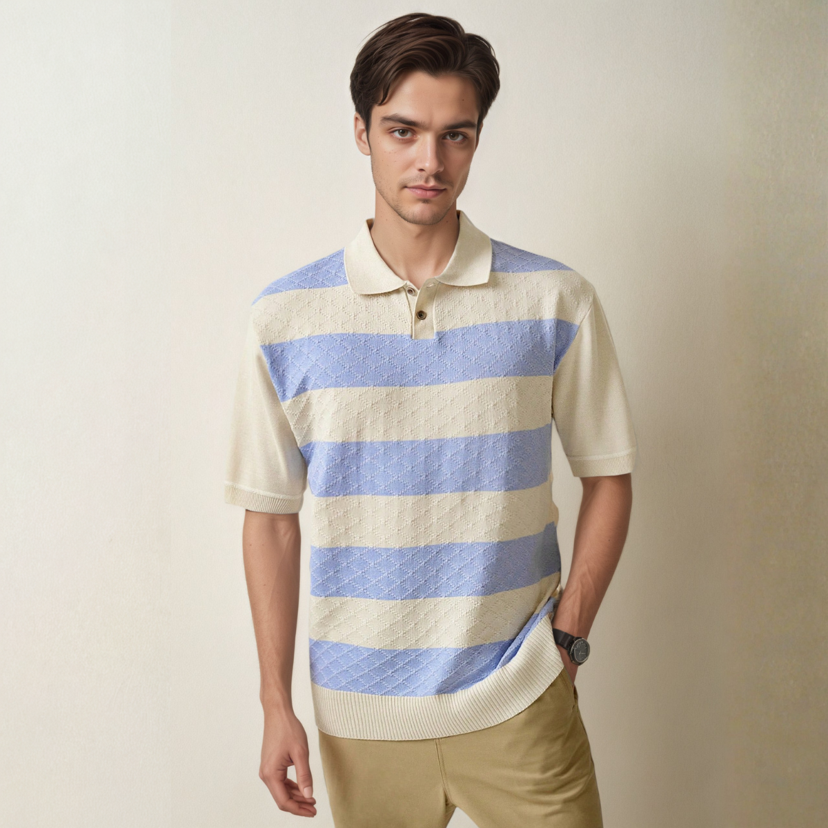 Casual Striped Knit Short Sleeve Polo Shirt For Men